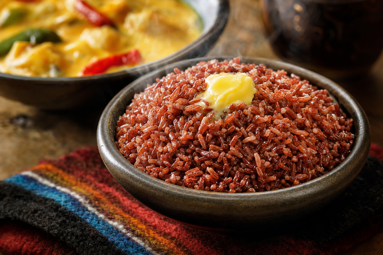 Chum Marp — Bhutanischer roter Reis, körnig gegart und mit Butter verfeinert