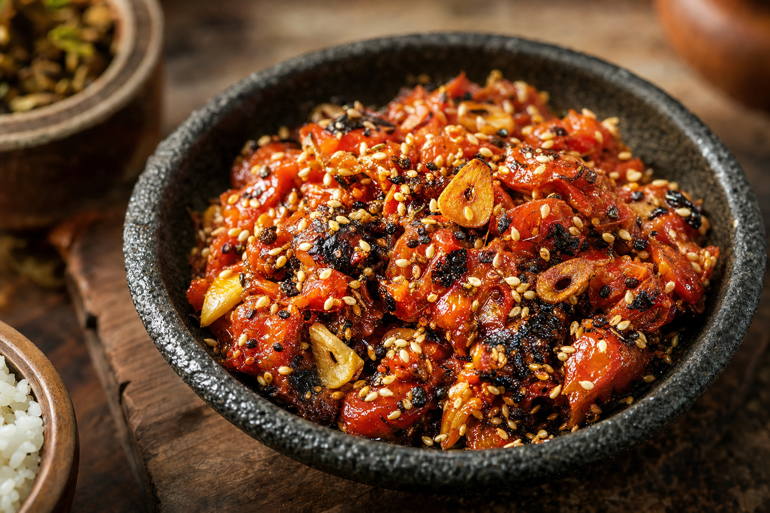 Golbheda Ko Achar — Geröstete Tomaten mit Sesam, Timur und knusprigem Knoblauch
