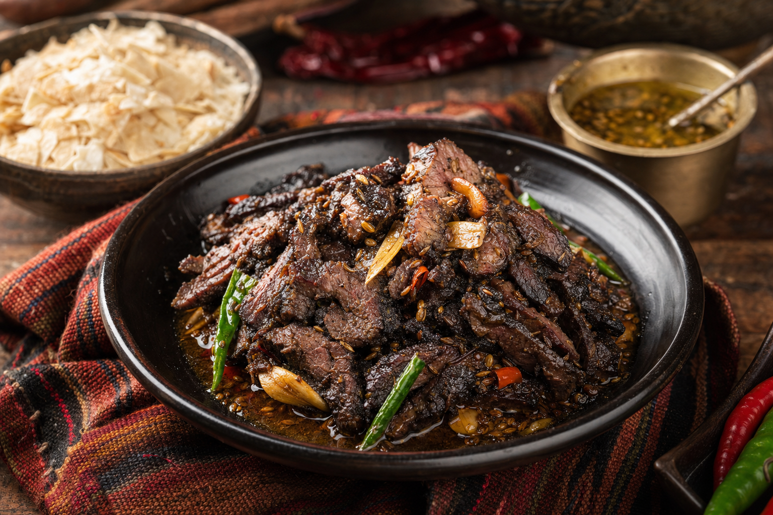 Haku Chhwela — Gegrilltes Büffelfleisch mit Szechuanpfeffer und heißem Senföl