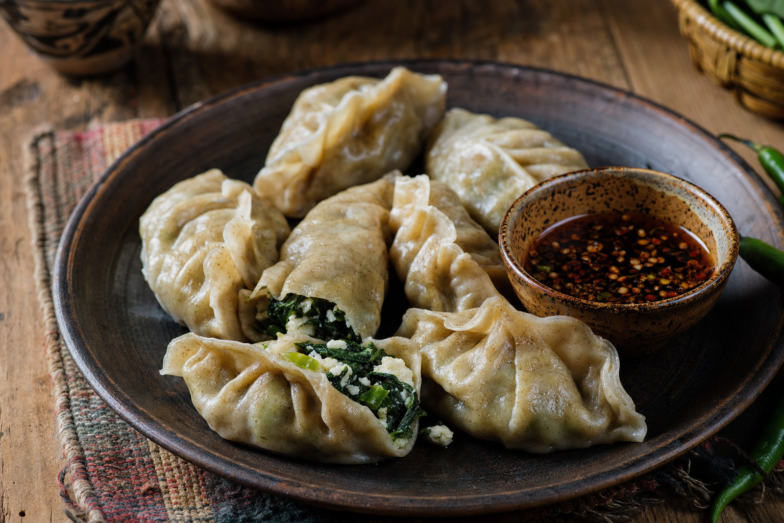 Hoentay — Gedämpfte Buchweizentaschen mit Spinat, Käse und grüner Chili