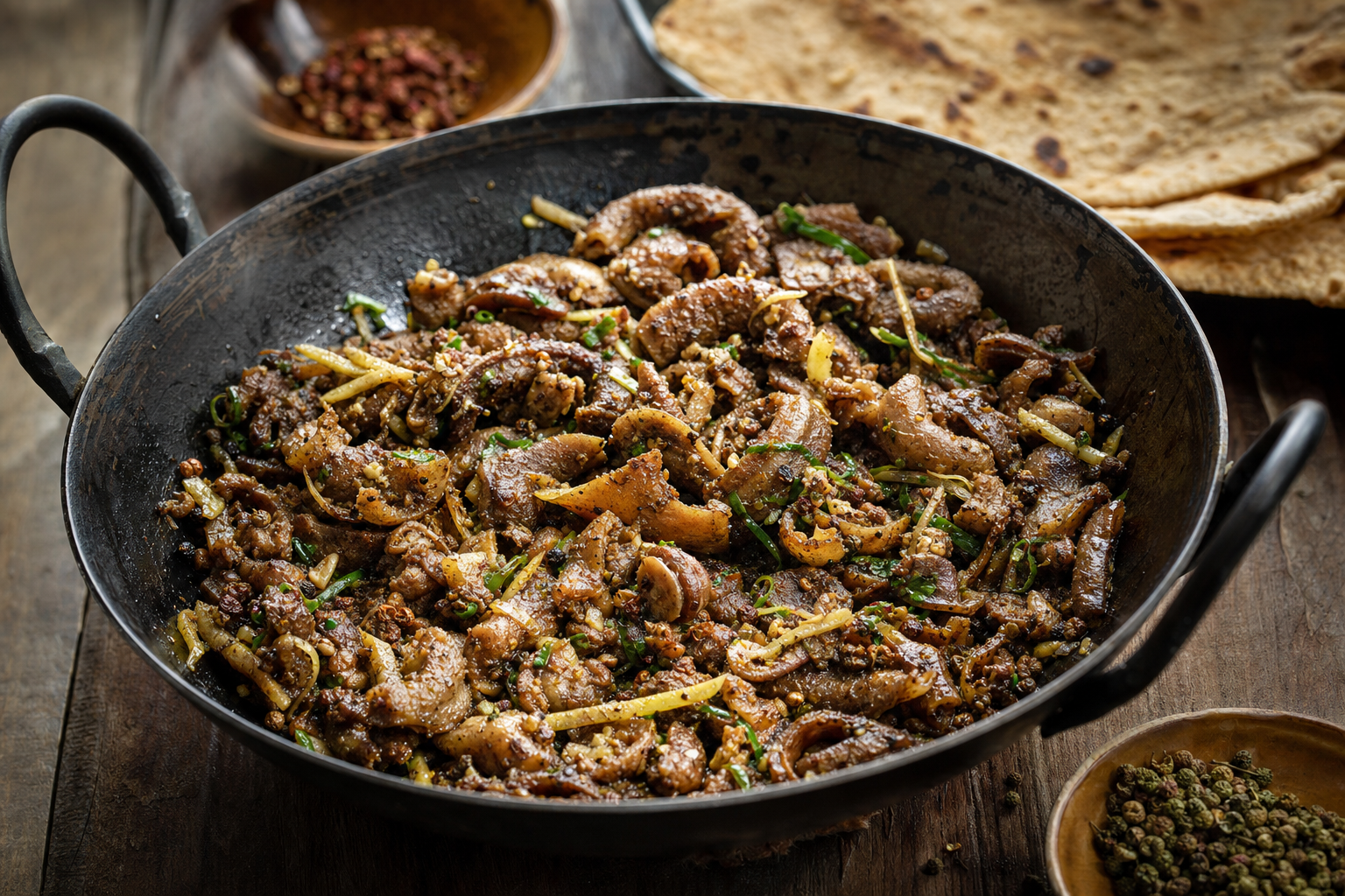 Khasiko Bhutuwa — Trocken gebratene Ziegeninnereien mit Timur, Knoblauch und Ingwer