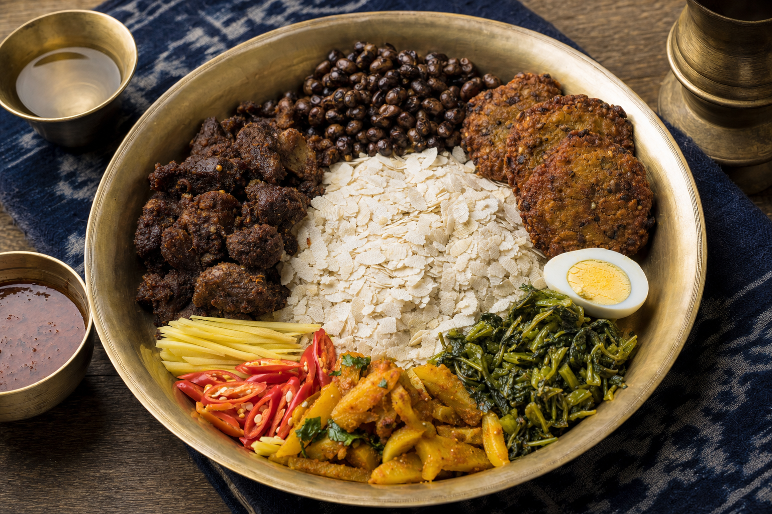 Samay Baji — Festliche Newar-Platte aus dem Kathmandutal: Reisflocken, Choila, Bara und Bhatmas