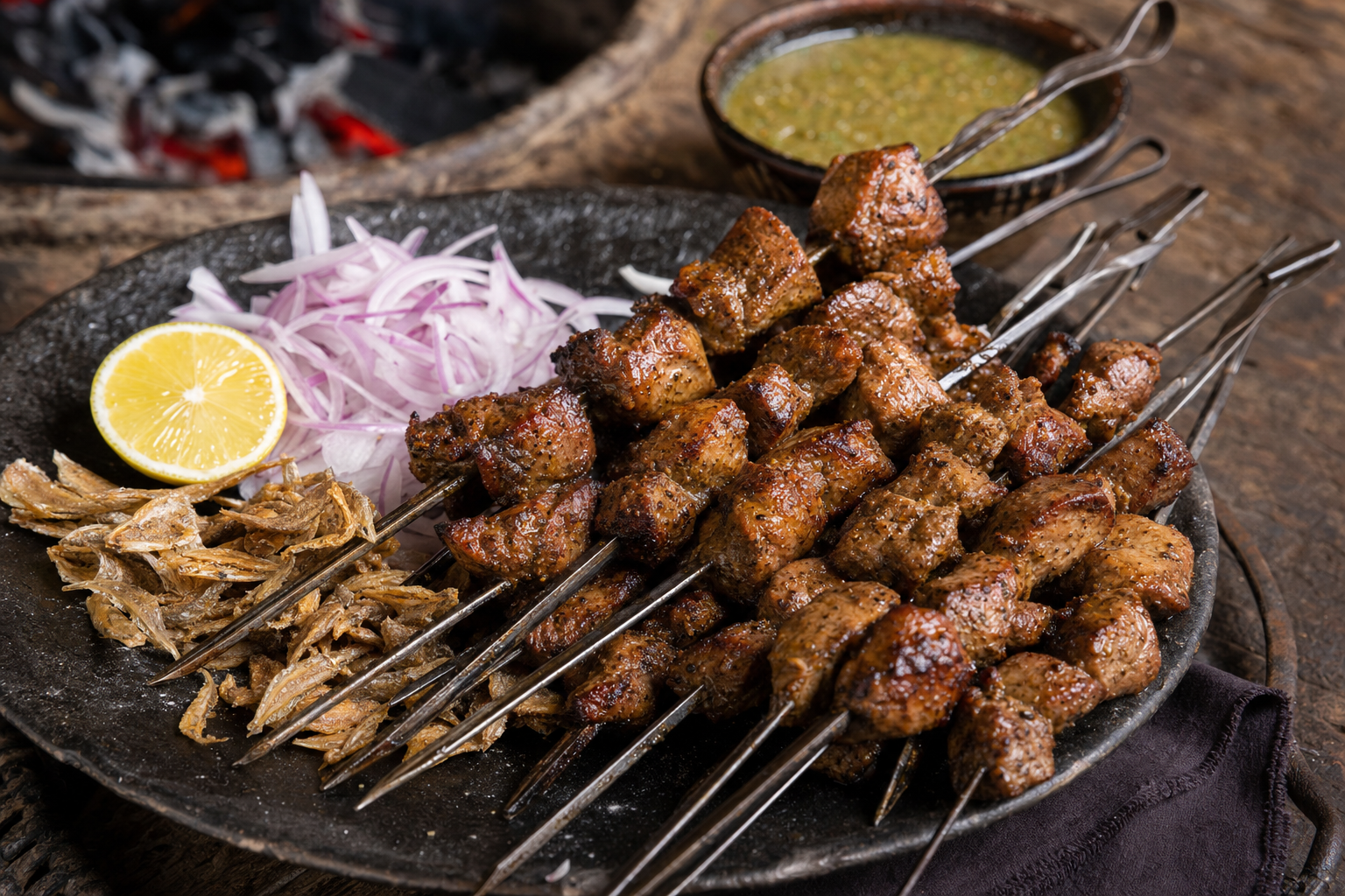 Sekuwa — Am Spieß über Holzglut gegrilltes Ziegenfleisch mit Timur, Ingwer und Knoblauch