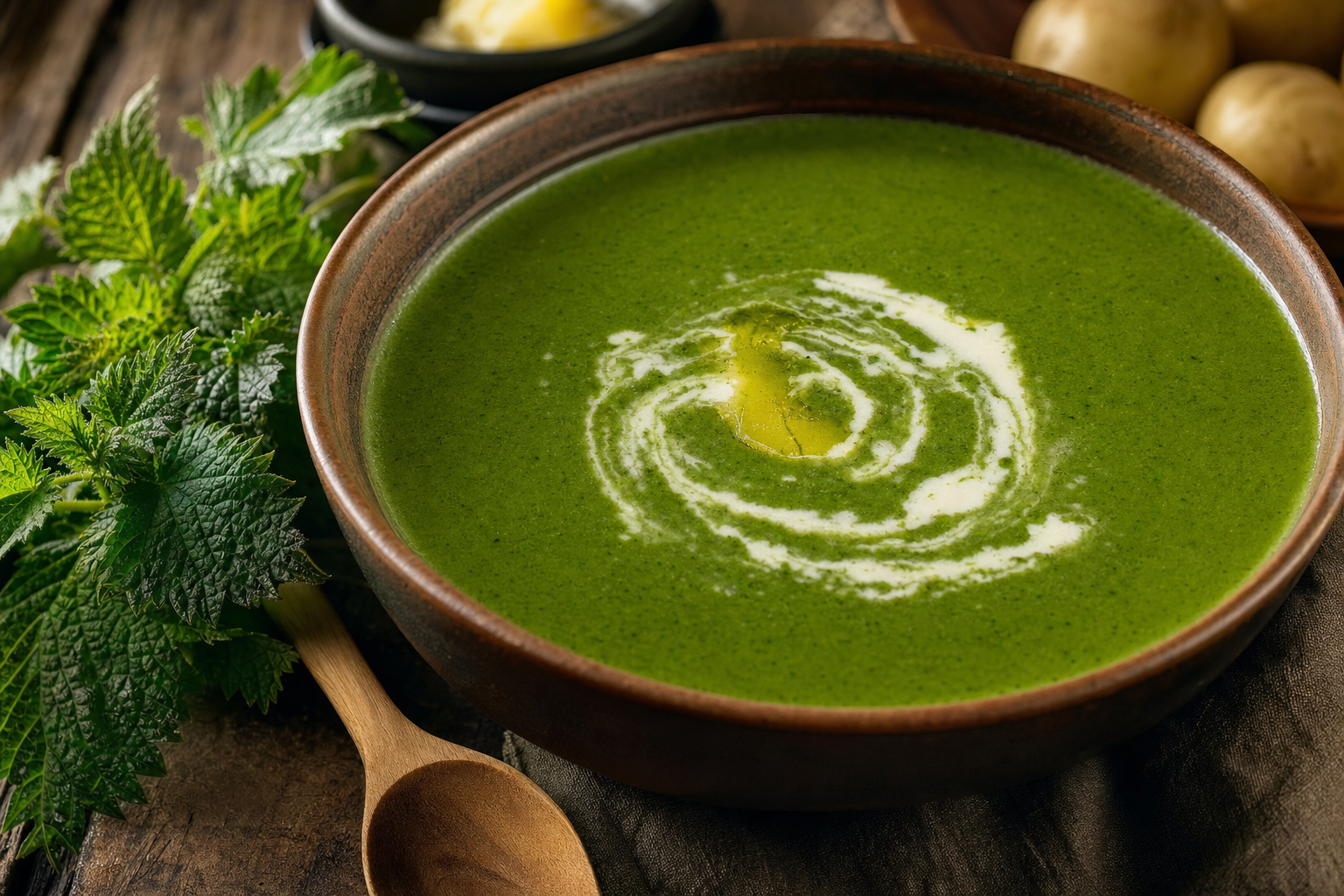 Sisnu Ko Saag — Cremige Brennnesselsuppe mit Kartoffeln, Ghee und einem Hauch Muskat