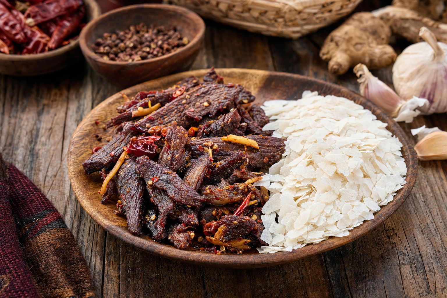 Sukuti — Nepalesisches Trockenfleisch, scharf gewürzt gebraten – mit Chiura serviert